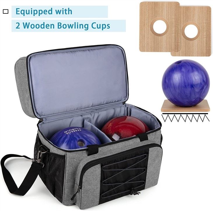 Bowling Bag For 2 Balls, Bowling Tote With Wooden Bowling Cups And Padded Divider For Double Ball And One Pair Of Bowling Shoes Up To Mens 16 And Extra Essentials, Bag Only
