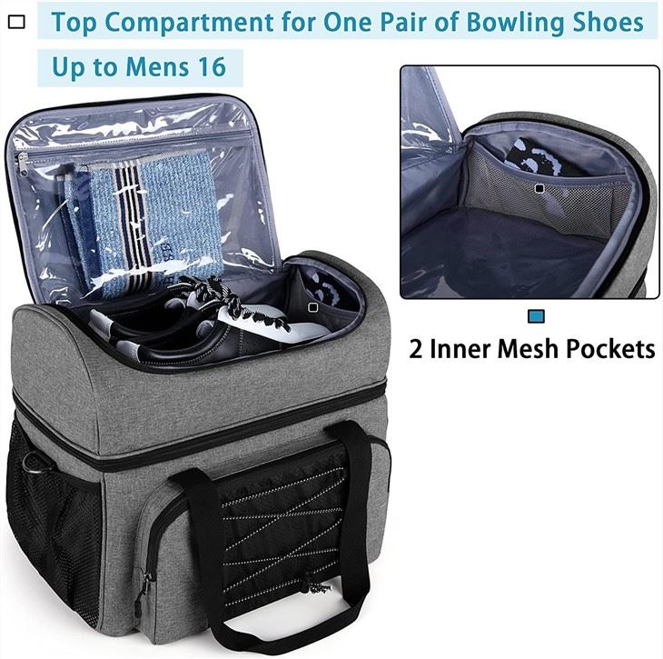 Bowling Bag For 2 Balls, Bowling Tote With Wooden Bowling Cups And Padded Divider For Double Ball And One Pair Of Bowling Shoes Up To Mens 16 And Extra Essentials, Bag Only